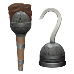 An old pirate leg crutch and a prosthesis hook, an old prosthesis made of wood, metal and leather elements of a carnival, theatrical costume
