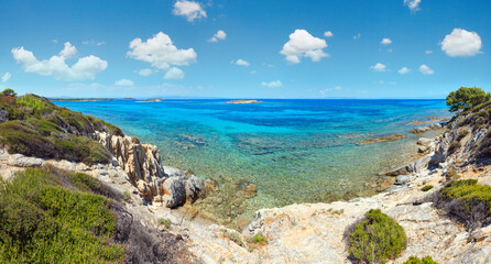 Fototapeta na wymiar Aegean sea coast landscape, view near Karidi beach (Chalkidiki, Greece).
