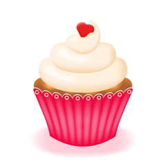 Cupcake, cake with cream in pink paper cup isolated on white background. Sweet pastry with whipped cream and chocolate. Vector illustration.