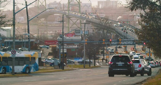 Time lapse of cars driving on the bridge and crossroads in the city of Halifax. Canada.