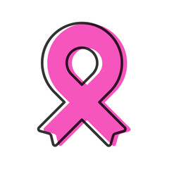 Awareness ribbon. Black outline. Pink color. Breast cancer. Geometrical shape. Vector illustration, flat design