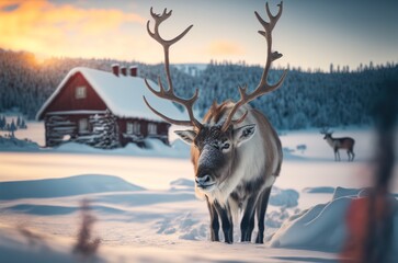 Reindeer  in Christmas Winter Time Lapland,  with Beautiful Snow-covered Nature Behind and Winter Cabin - obrazy, fototapety, plakaty