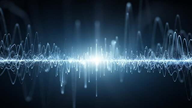 Abstract digital technology music equalizer detailed wavy lines on black background with glowing light. Seamless looping animation.