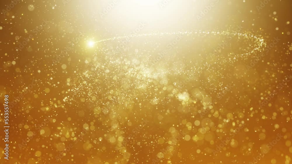 Poster gold colored light trail with flickering dot particles loop animation on shining golden background.