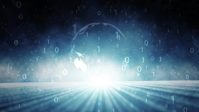 Digital binary code numbers with 3d earth sphere looped motion background.