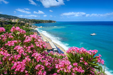 Beach and the sea by Tropea – view from behind the lilac flowe