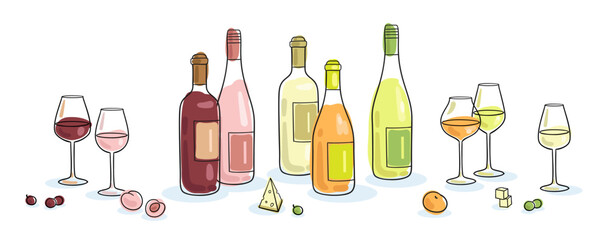 Composition of five bottles of wine with glasses and snacks. Handmade picture in line style. Black contour with colored spots. Isolated on white.  Vector flat illustration. Template for menu design