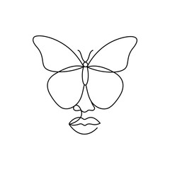Face of an Afro American woman in a modern abstract minimalist one line style with a butterfly. Continuous black line of an African girl simple drawing. Isolated on white. Vector illustration.