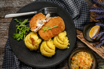 Fried cod fillet served.