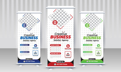 Corporate modern business marketing x stand rollup pullup signage retractable multiple blue red green color banner design vector template