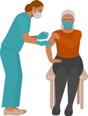 Vaccination of elderly. Nurse gives injection of vaccine to elderly woman