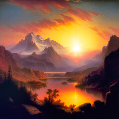 Sunset over snowy mountains. a detailed landscape painting that captures the beauty and grandeur of a natural scene. The painting could feature a mountain range with snow-capped peaks and deep valleys