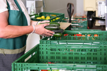 Lebensmittelspende Tafel: Ehrenamtliche Frau mit Handschuhen packt Obst und Gemüse wie frische Zucchini in grüne Kisten für die Verteilung an Bedürftige - selektiver Fokus - obrazy, fototapety, plakaty