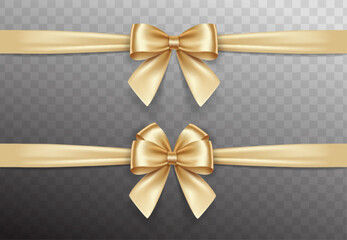 Set of satin decorative golden bows with horizontal yellow ribbon isolated on white background. Vector gold bow and gold ribbon