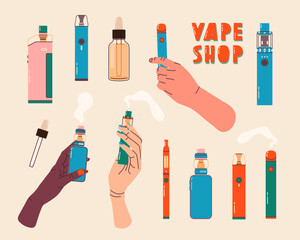Vape shop colorful set. Electronic cigarettes and vape set. Modern vector illustration. Variety of designs vape pens and hands holding pod mods. Flat vector design for web and print.