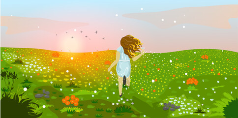Young woman enjoys beautiful nature. A running girl with dandelions in her hands runs through a flower field. Tranquil landscape with sunset, floating clouds and flying birds in the sky