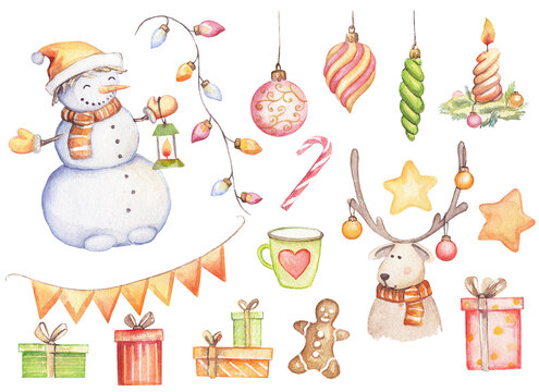 A set of New Year's items on a white background. Watercolor cute picture. Elements for making festive products.