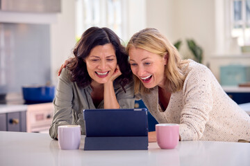 Same Sex Mature Female Couple Using Digital Tablet At Home To Stream Movie