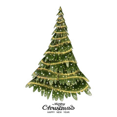 Watercolor Christmas tree with gold star and light bulb.illustration Merry Christmas and New Year with Xmas tree decoration for invitation or greeting card.