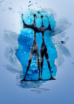 Sculpture The Candangos, Brasilia - Brazil. Digital illustration in grunge watercolor style with copy space.