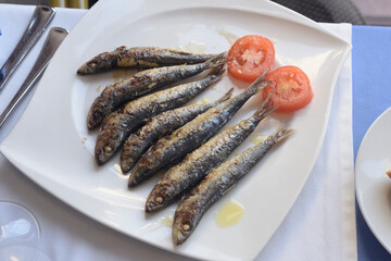 plate of grilled sardines in a restaurant in Tossa de Mar, Costa Brava, Girona, province, Spain