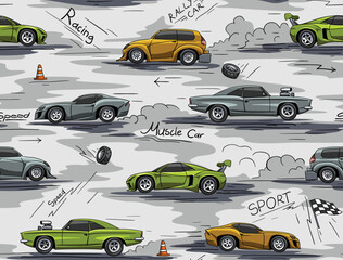 Racing cars seamless pattern. Hand drawn fun cartoon endless ornament for children fabric and fashion print. Vector background. © Алексей Панков