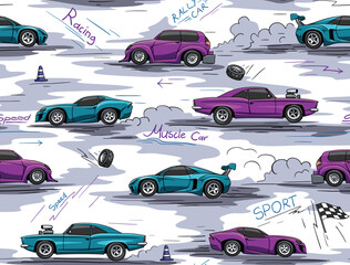 Racing cars seamless pattern. Hand drawn fun cartoon endless ornament for children fabric and fashion print. Vector background. © Алексей Панков