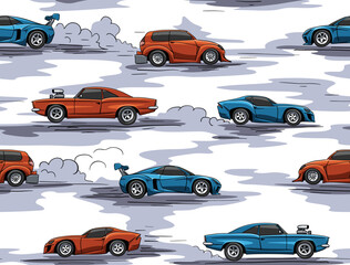 Racing cars seamless pattern. Hand drawn fun cartoon endless ornament for children fabric and fashion print. Vector background. © Алексей Панков