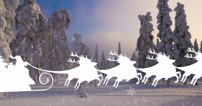 New Year's greetings from Santa Claus riding a reindeer exercise from left to right in the winter forest of Lapland with falling snowflakes and leaving an inscription Happy New Year in Russian.