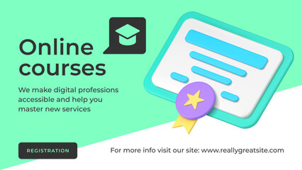 Online courses registration e learning distance education diploma certificate social media banner 3d icon vector illustration. Back to school marketing promo admission studying digital technology