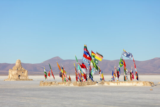 Flags of the world at the entrance of Salar de Uyuni; Potosi, Bolivia