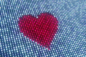 Digital binary blocks form the shape of a red heart. Illustration of the concept of online dating app and romance scams and swindlers related to it - obrazy, fototapety, plakaty