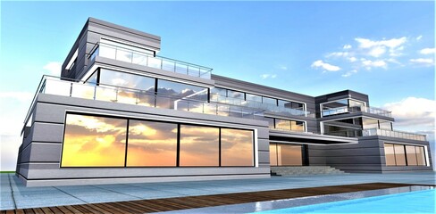 Wonderful country mini hotel with a swimming pool. View of the porch and facade panoramic windows. Unobtrusive daylight. 3d rendering.