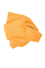 Closeup of a yellow and white checkered napkin or tablecloth texture isolated on white background. Kitchen accessories.