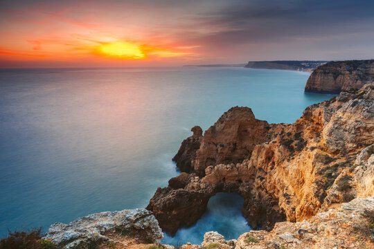 Ponta da Piedade, a rugged headland along the coast of Portugal; Lagos, Algarve, Portugal