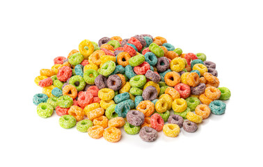 Fototapeta na wymiar Colorful Breakfast Rings Pile Isolated. Fruit Loops, Fruity Cereal Rings, Colorful Corn Cereals