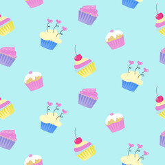 Cupcakes colourful pattern on the blue background