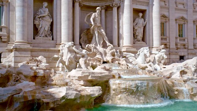 The Trevi Fountain it is the largest Baroque fountain in Rome and one of the most famous fountains in the world. RAW cinematic panning