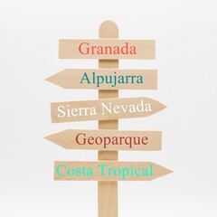 Poste indicador con los destinos mas importantes de la provincia de Granada, España