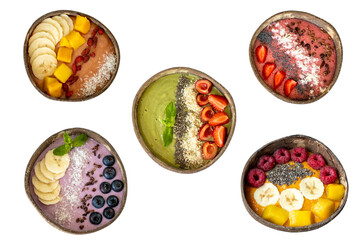 Healthy breakfast bowl with berries, fruits and seeds. Mix of five bowls on transparent background png. Red, purple, orange and green food.