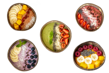 Healthy breakfast bowl with berries, fruits and seeds. Mix of five bowls on transparent background png. Red, purple, orange and green food.