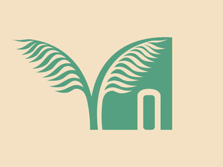 Eco real estate logo. Palm tree and house, building, construction icon isolated on light background. Environment friendly property illustration. Green architecture design.