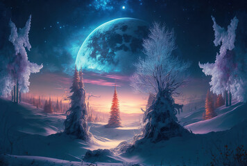 A beautiful fantasy winter scene with a snow background. Generative AI.