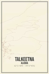 Retro US city map of Talkeetna, Alaska. Vintage street map.