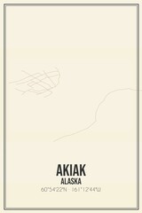 Retro US city map of Akiak, Alaska. Vintage street map.