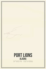 Retro US city map of Port Lions, Alaska. Vintage street map.