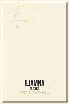 Retro US city map of Iliamna, Alaska. Vintage street map.