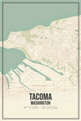 Retro US city map of Tacoma, Washington. Vintage street map.