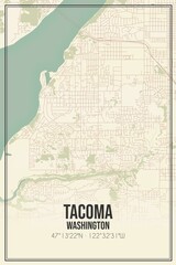 Retro US city map of Tacoma, Washington. Vintage street map.