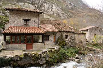 view of the small  isolated rural village of Bulnes in Asturias, north Spain